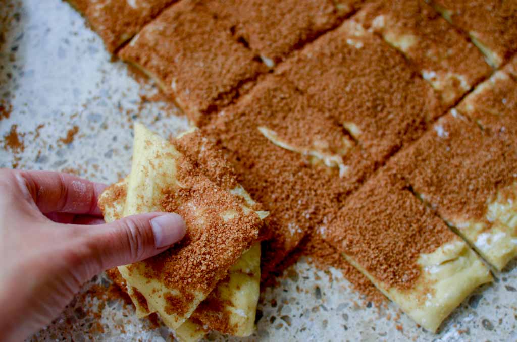 stacking the small bread dough squares