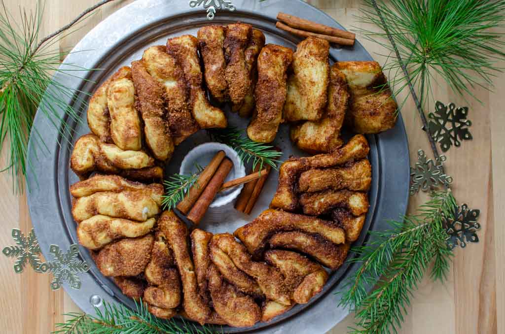 sourdough pull apart bread with pine needles and cinnamon sticks