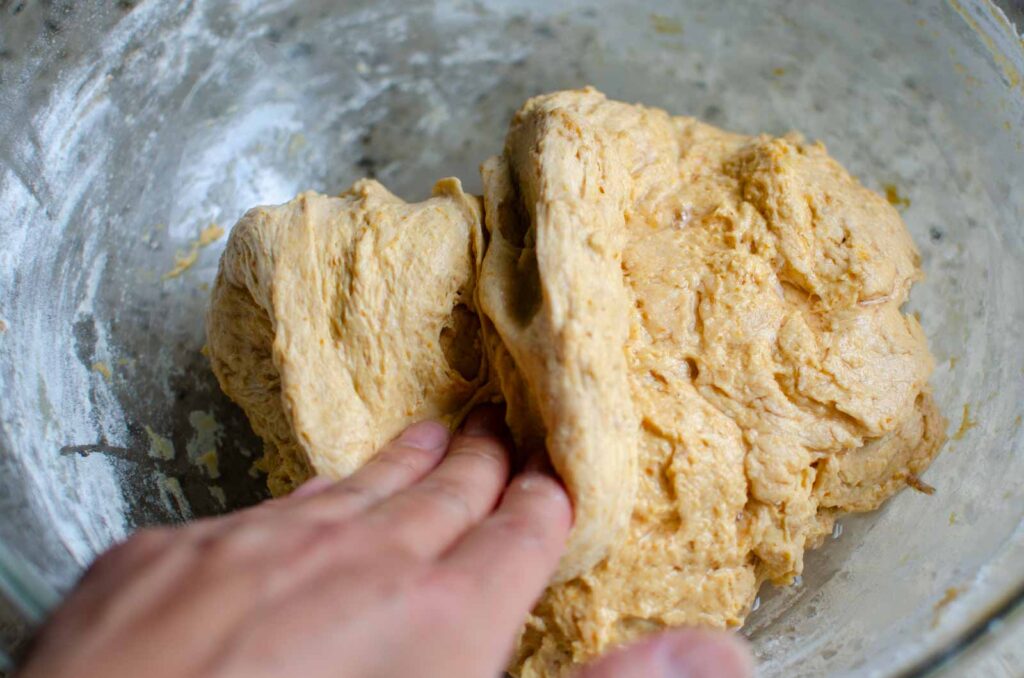 folding the sourdough pumpkin dough over onto itself in a glass bowl