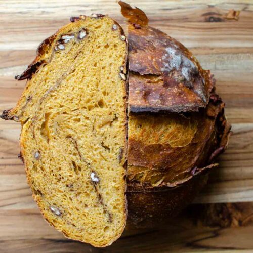 Artisan Sourdough Pumpkin and Pecan Bread cut in half