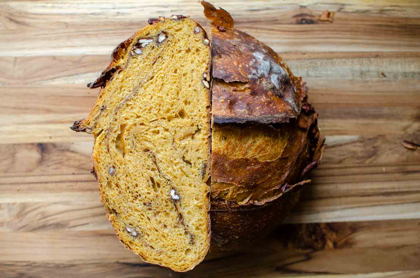 Artisan Sourdough Pumpkin and Pecan Bread cut in half