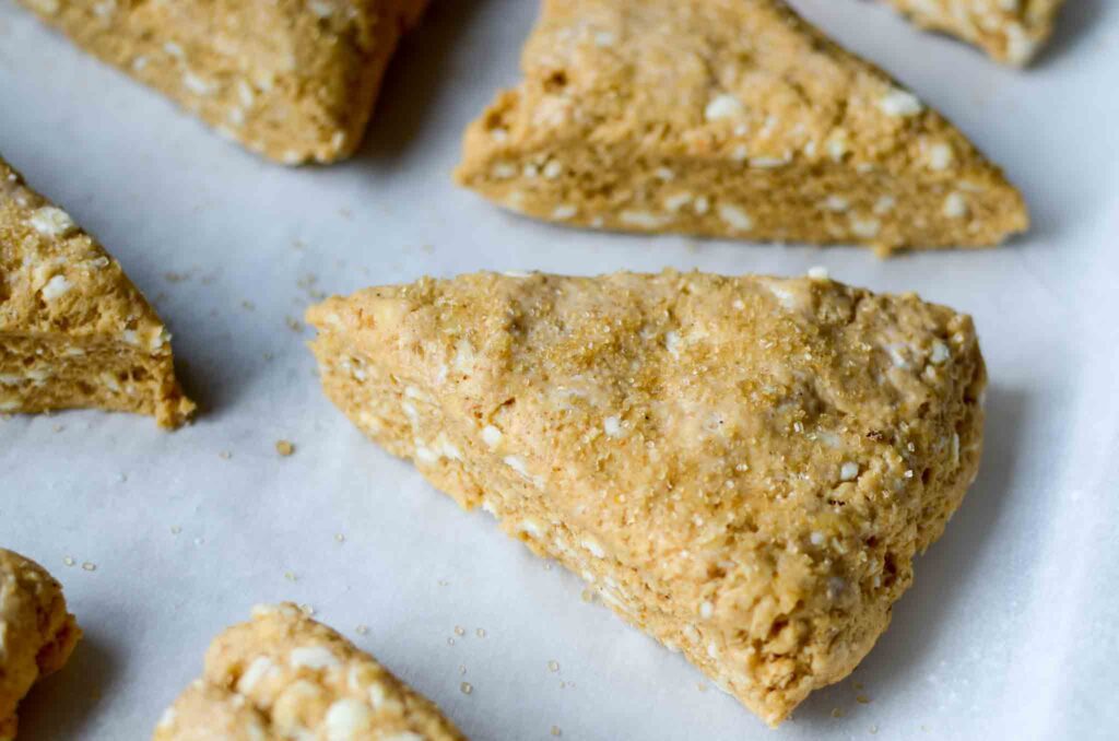 sourdough pumpkin scones topped with turbinado sugar