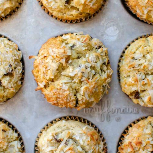 sourdough banana coconut chocolate chip muffins in a muffin pan