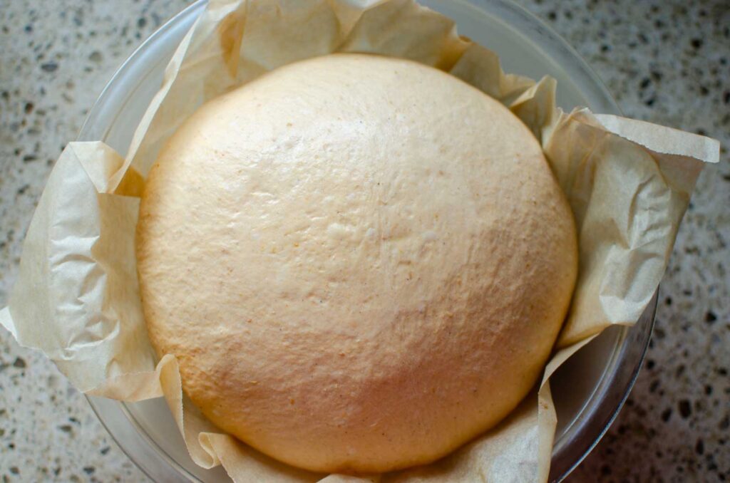  proofed artisan  pumpkin and pecan sourdough dough in a bowl