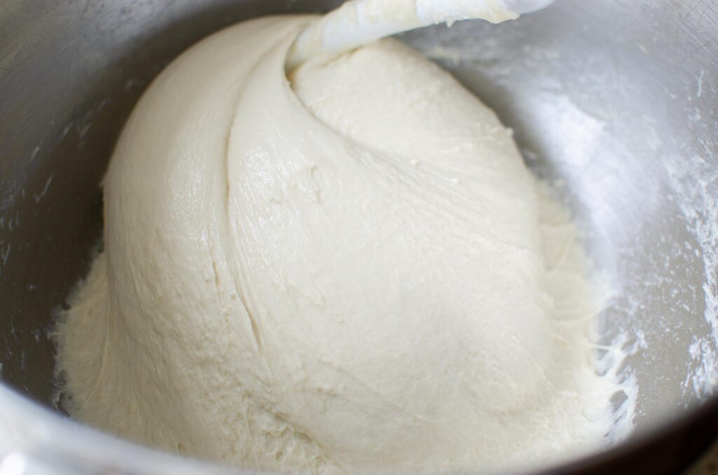 mixing the sourdough discard focaccia dough in a stand mixer completed