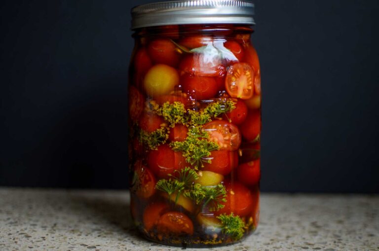 Pickled tomatoes in a glass mason jar