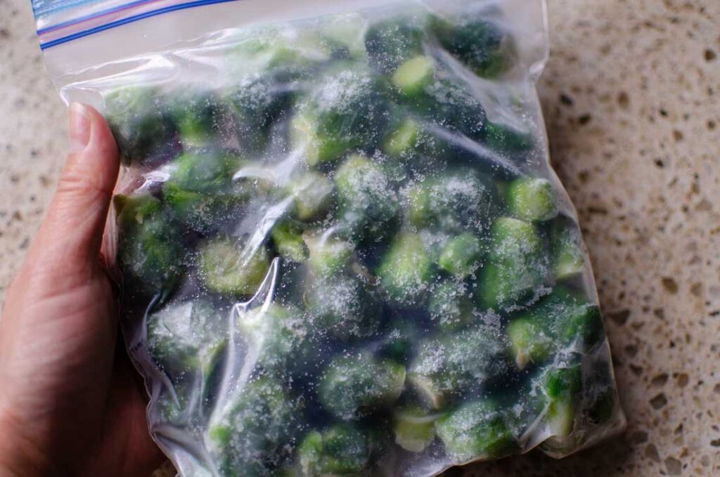 frozen brussels sprouts in plastic bag