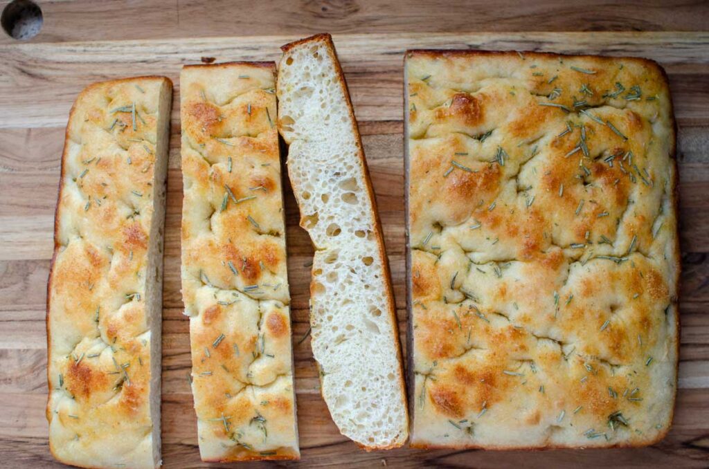 sourdough discard focaccia bread sliced in large strips