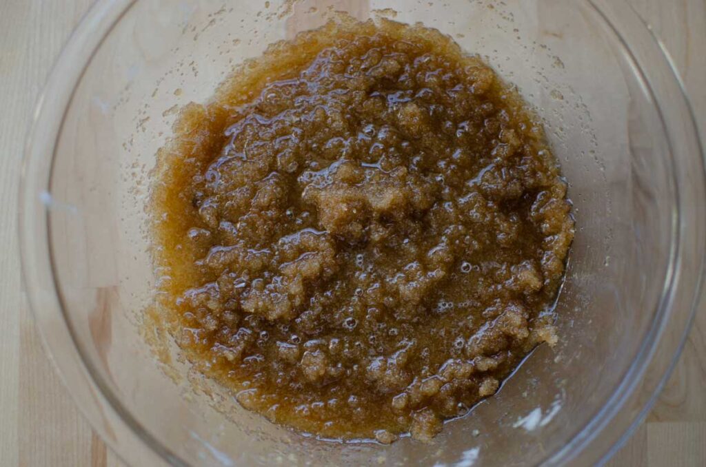 browned butter and sugars in glass bowl