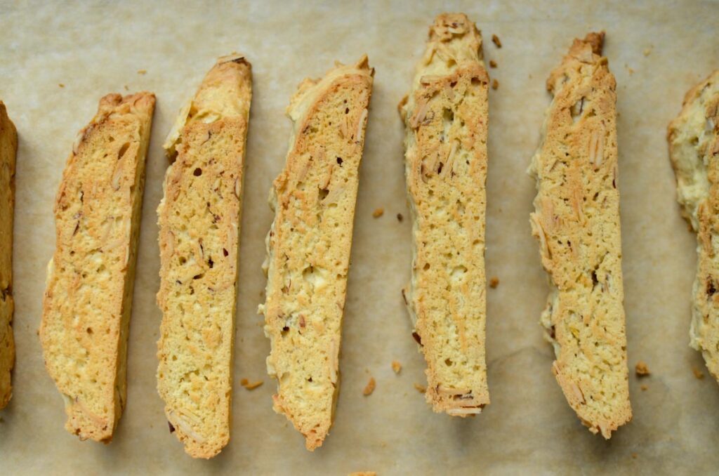 baked biscotti on baking sheet