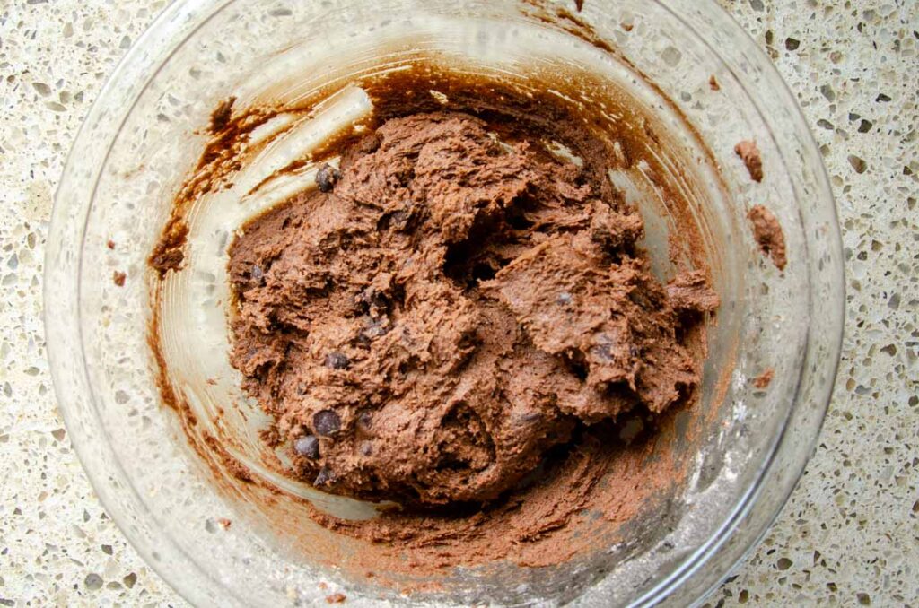 sourdough brownie brookie cookie dough in a glass bowl