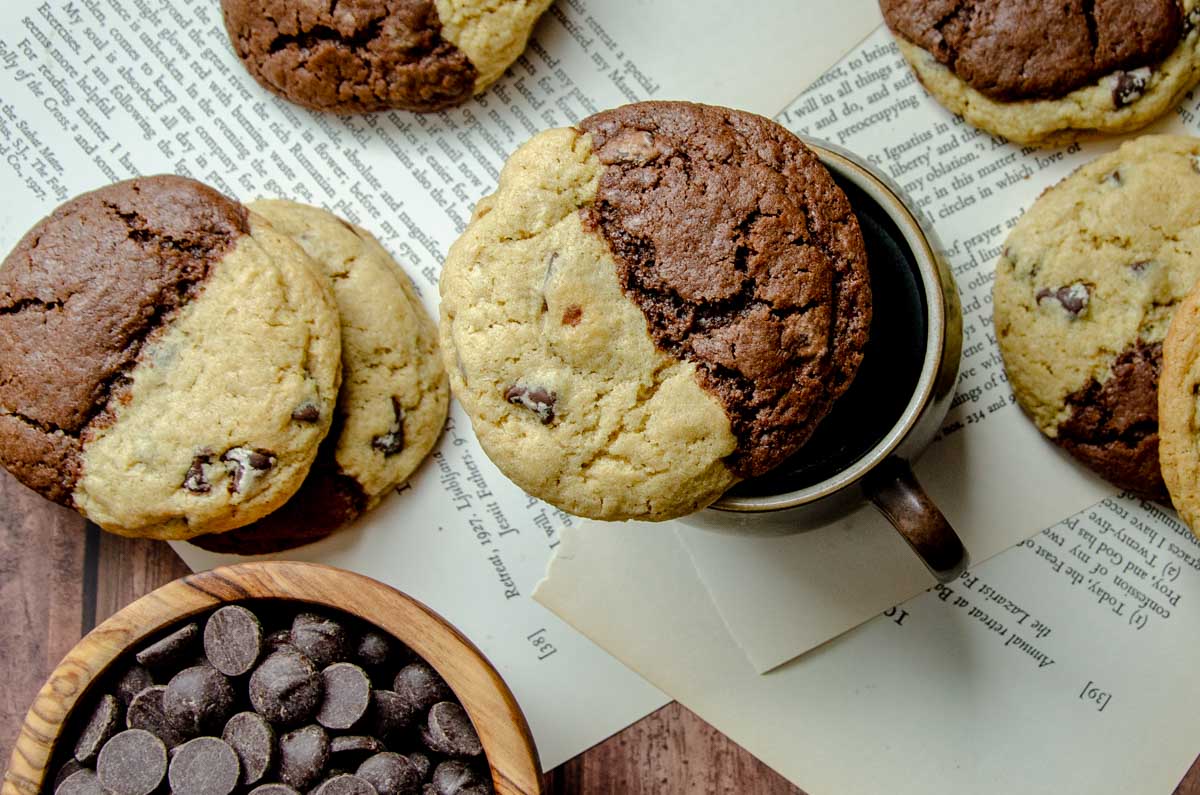 sourdough brookie cookie on a cup of coffee