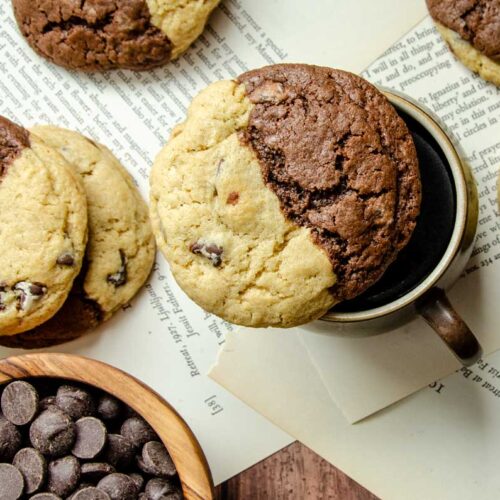 sourdough brookie cookie on a cup of coffee