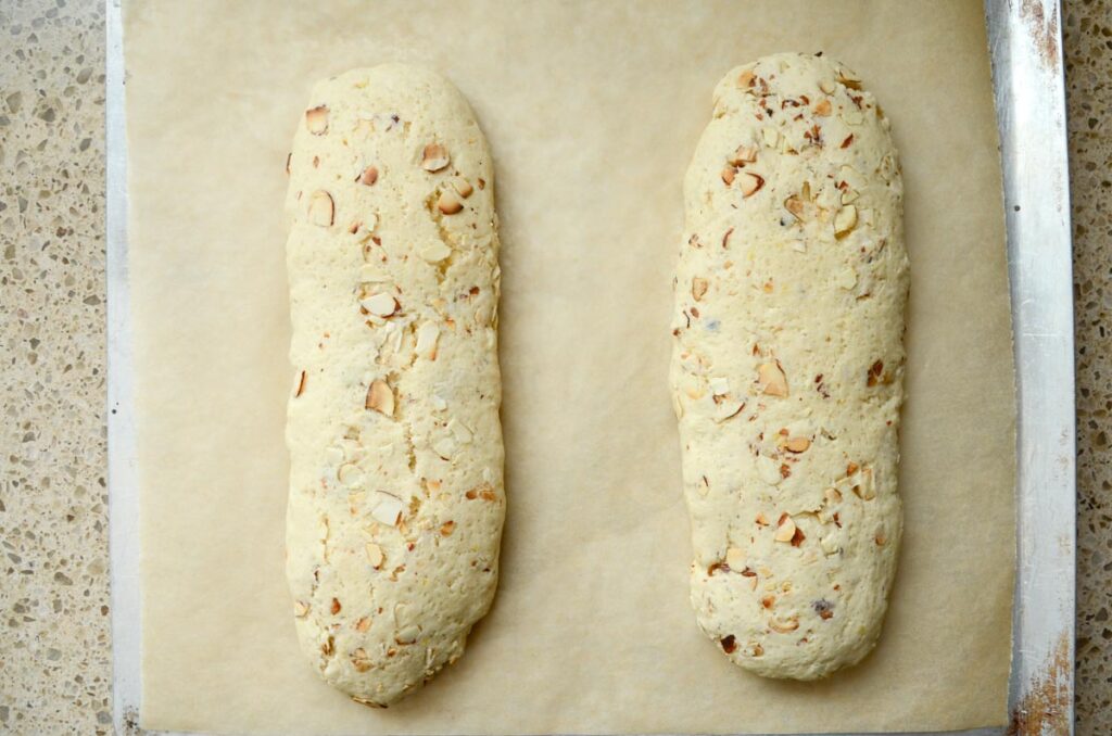 baked sourdough biscotti dough on baking sheet