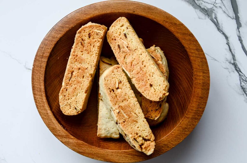 sourdough biscotti cookies in a wooden bowl