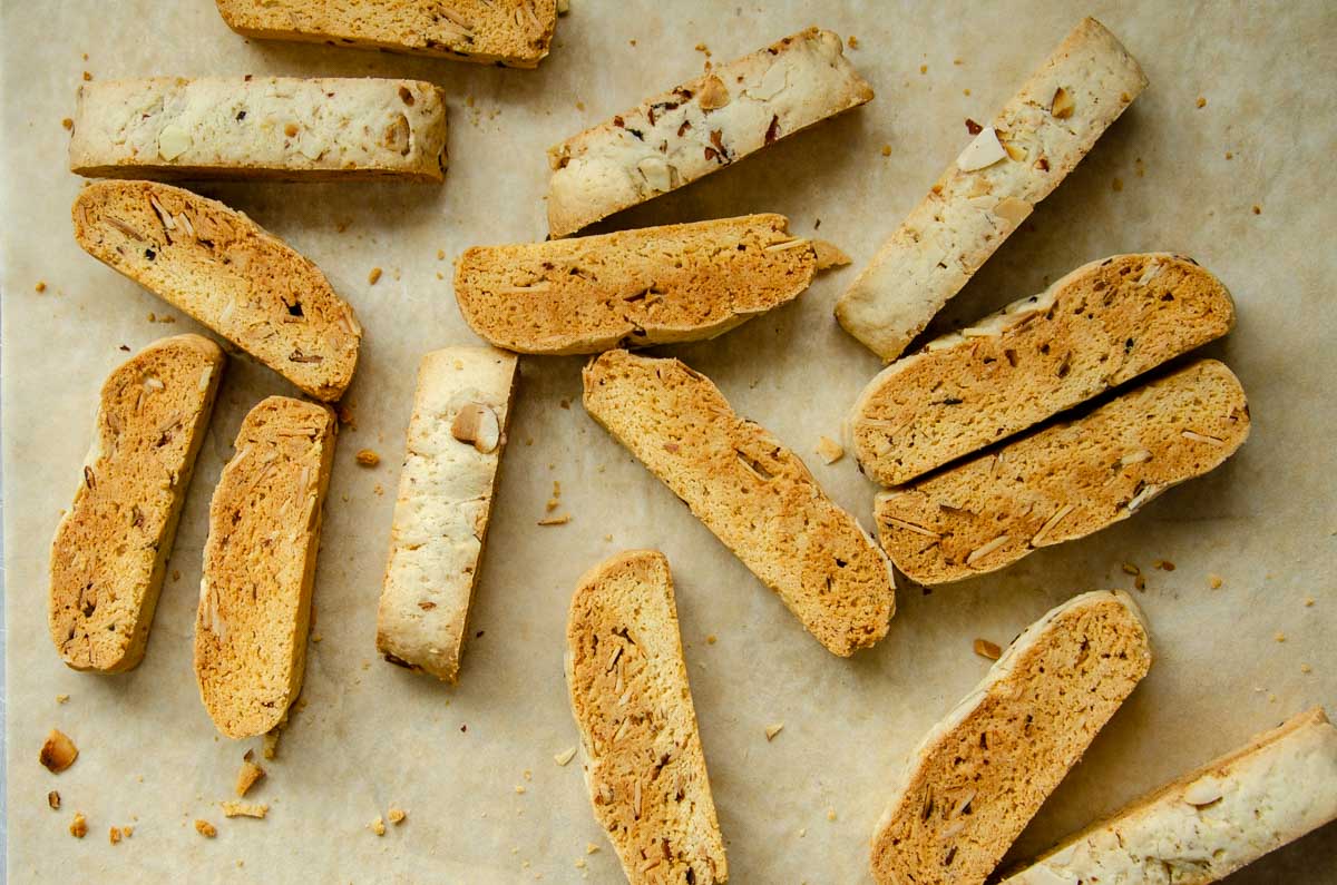 sourdough biscotti on a parchment lined baking sheet