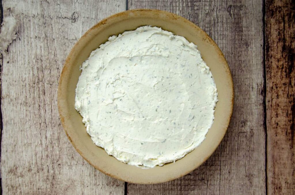 Cream cheese mixture for dip in a stone pie dish