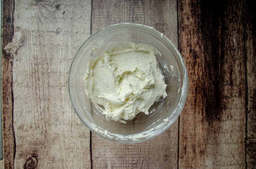 homemade Boursin cheese dip in glass bowl