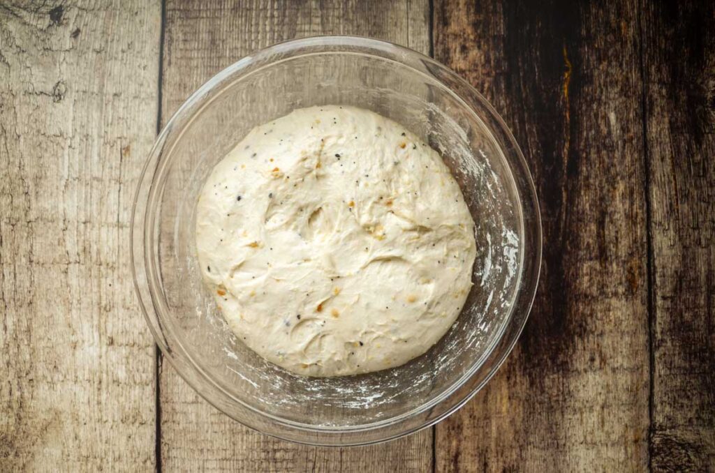 sourdough everything bread at the end of the bulk fermentation 