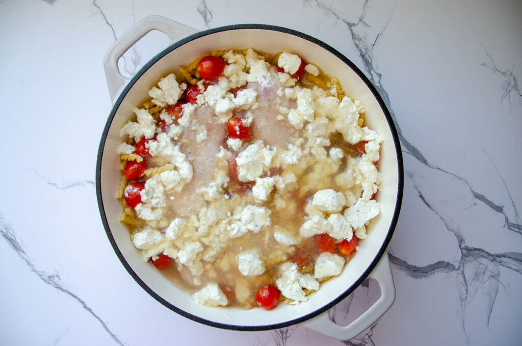 a pan of Boursin chicken pasta bake ingredients