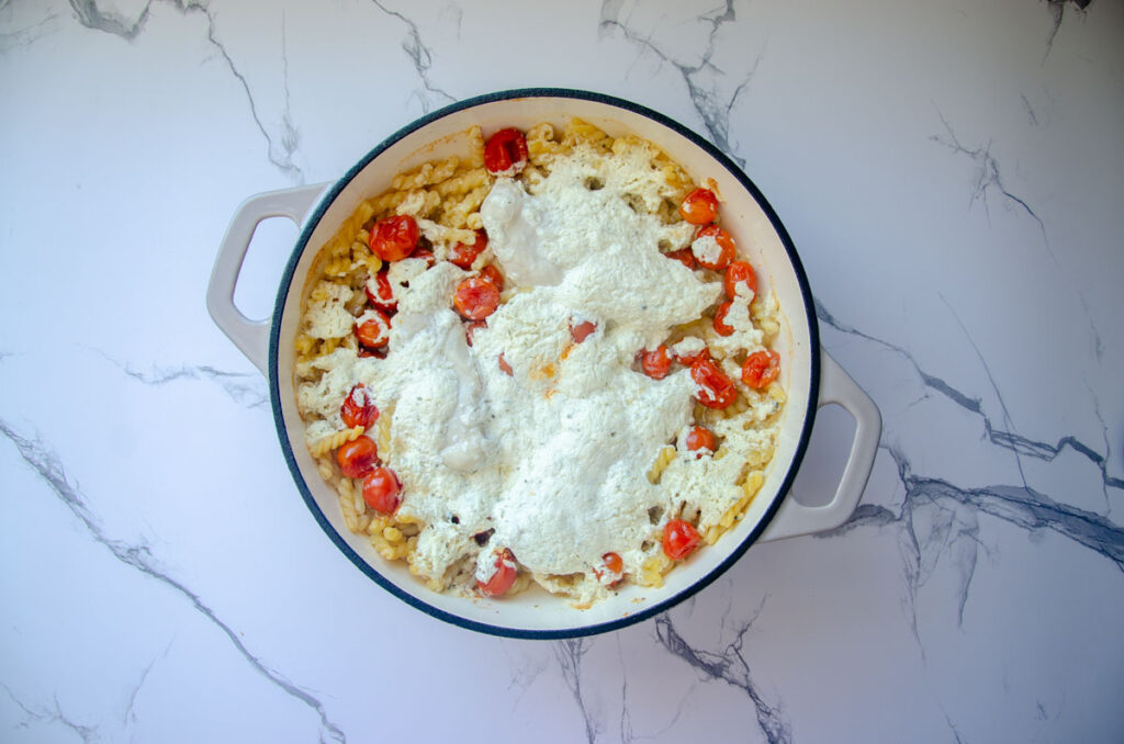 Boursin chicken pasta bake right out of the oven