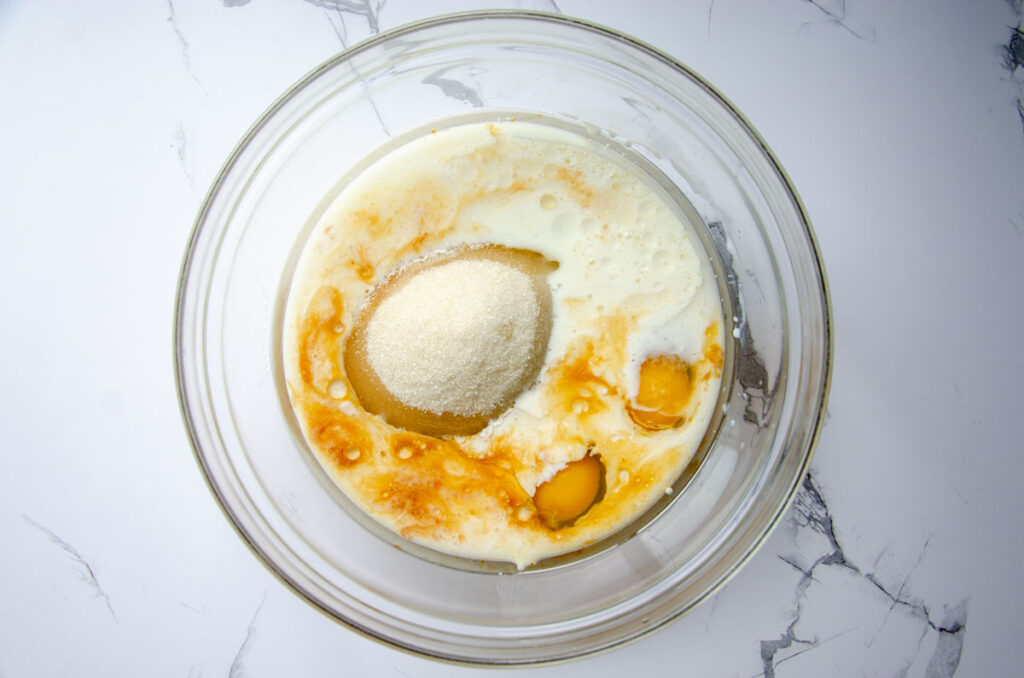 wet ingredients for chocolate espresso cake in a glass bowl