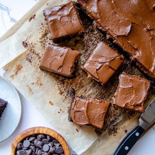 chocolate espresso cake cup into small pieces on a wood board