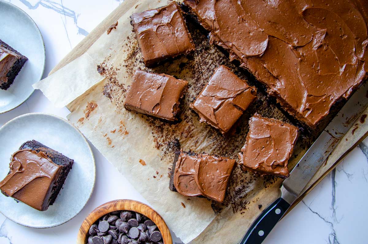 chocolate espresso cake cup into small pieces on a wood board