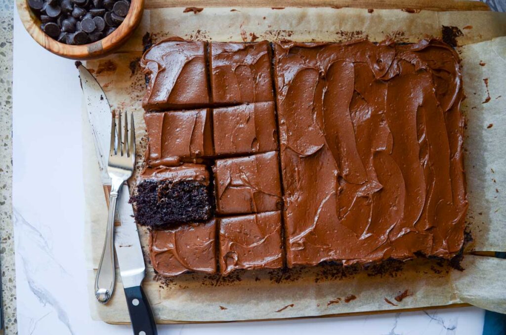 chocolate espresso cake cut into pieces