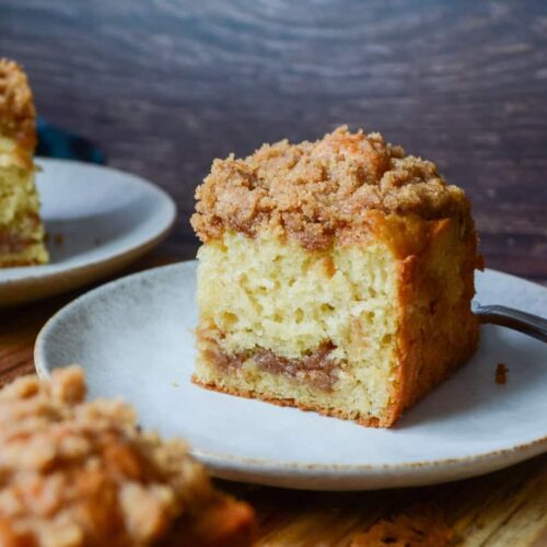 a piece of sourdough coffee cake on a plate