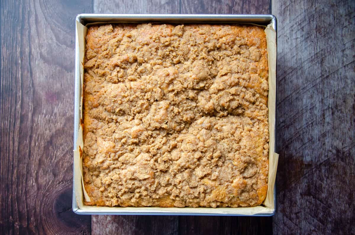 sourdough coffee cake in a metal square pan