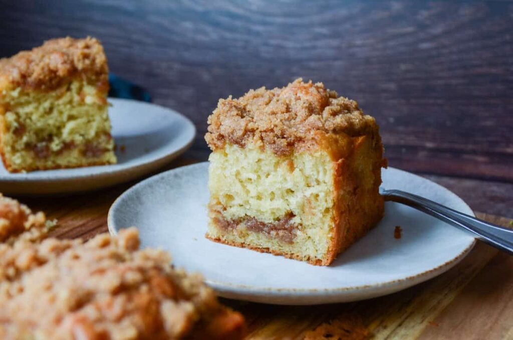 a piece of sourdough coffee cake on a plate