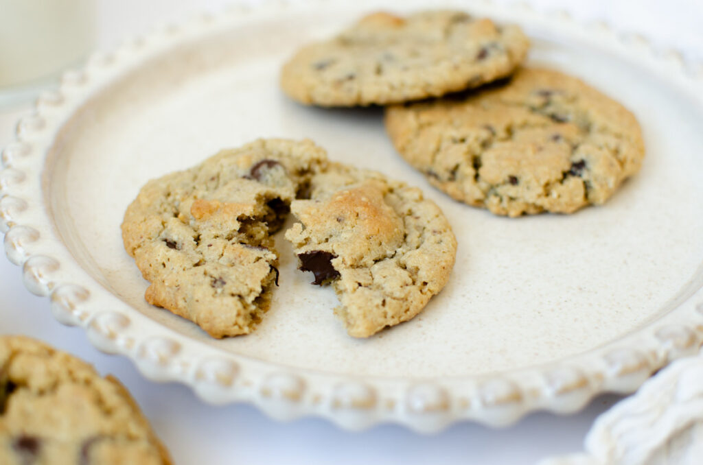 sourdough chocolate chip cookies on a plate