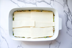 pasta layered over vegetables in baking dish