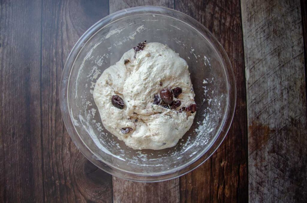 sourdough olive bread dough before the bulk ferment