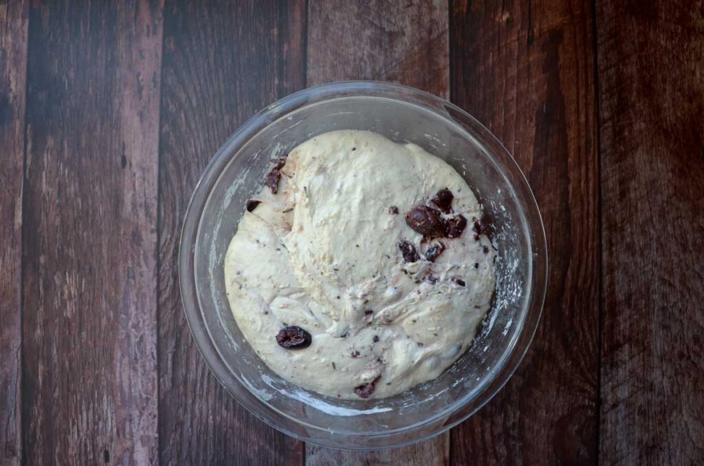 the sourdough olive dough after a bulk ferment