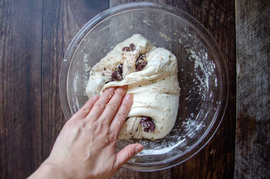 folding the sourdough olive dough