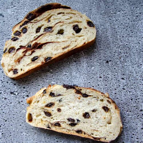 two slices of sourdough cinnamon raisin bread