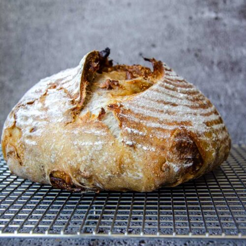 sourdough fig and walnut sourdough bread on a wire rack