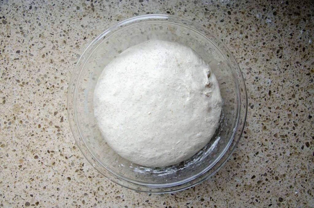 sourdough bread dough after bulk fermentation is done