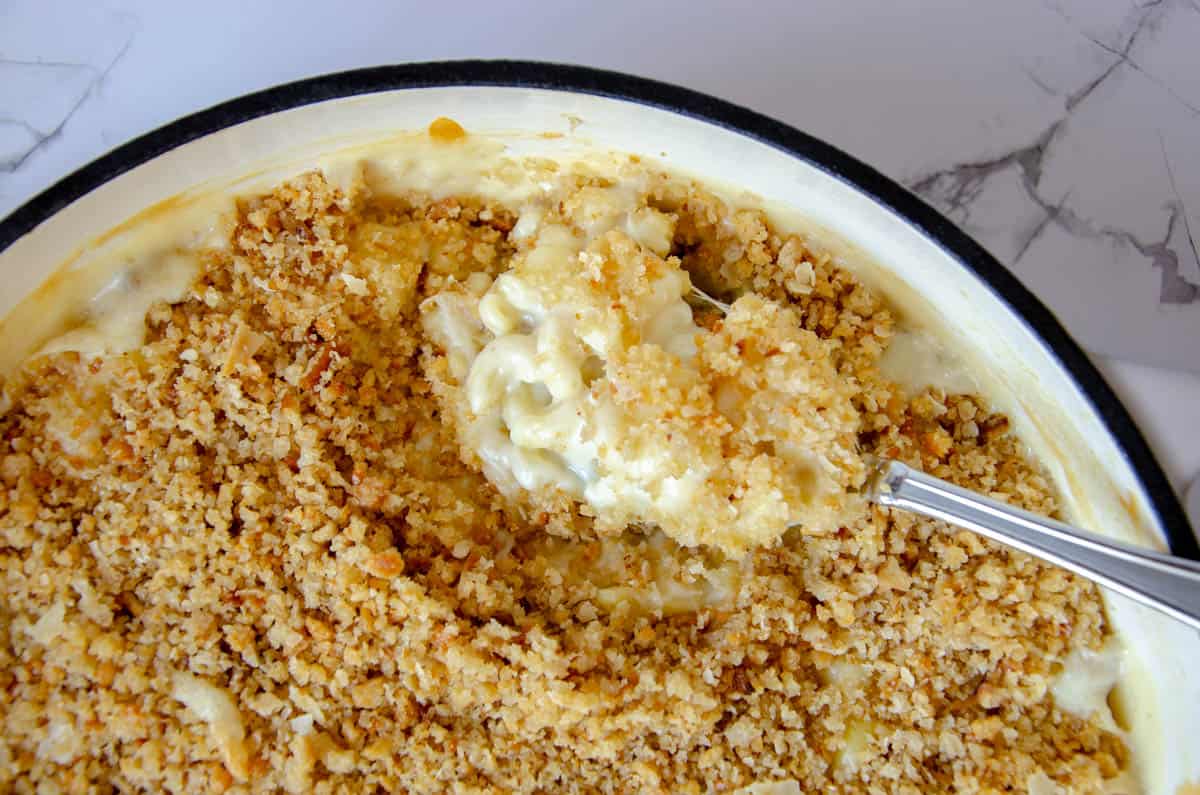 a spoonful of baked sourdough mac and cheese with bread crumbs