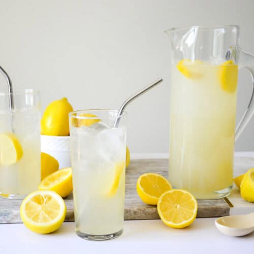 3 ingredient lemonade in 2 glasses and pitcher