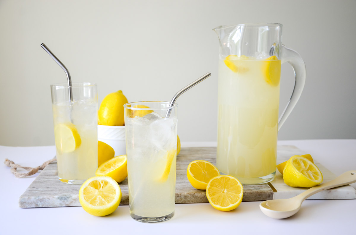 3 ingredient lemonade in 2 glasses and pitcher