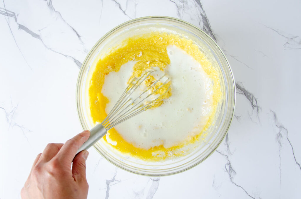 Whisking ingredients in glass bowl