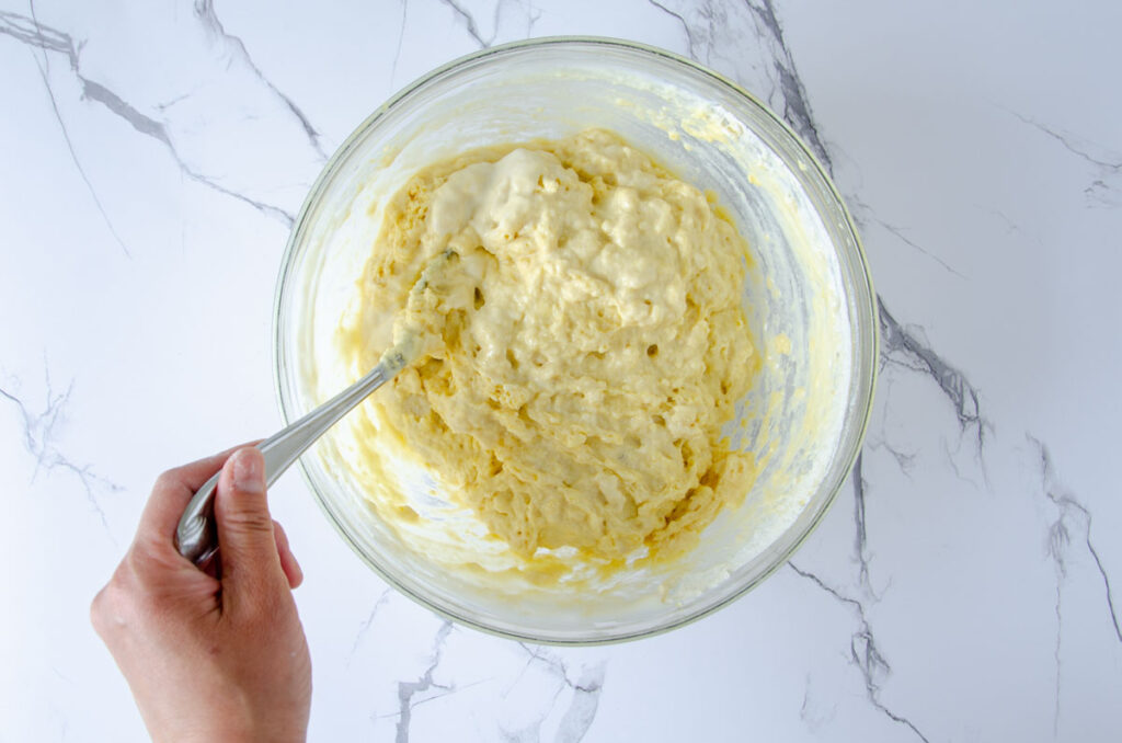 Combined rhubarb in cake batter