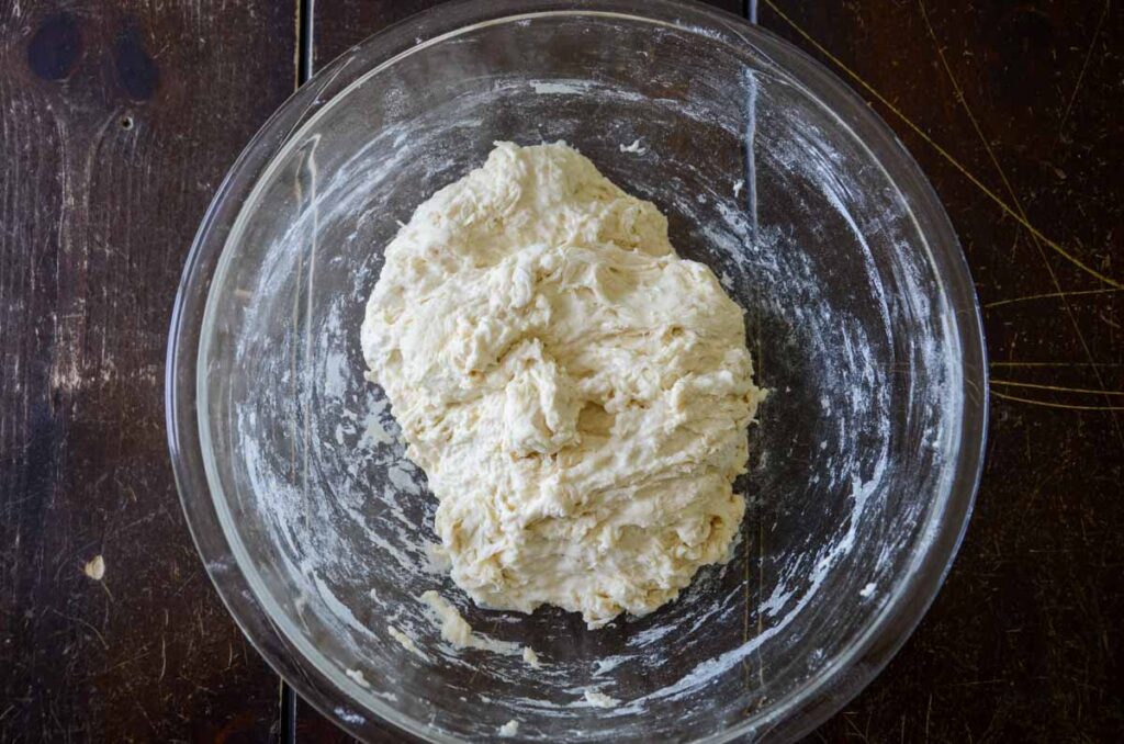 autolyse, mixed flour and water in a glass bowl
