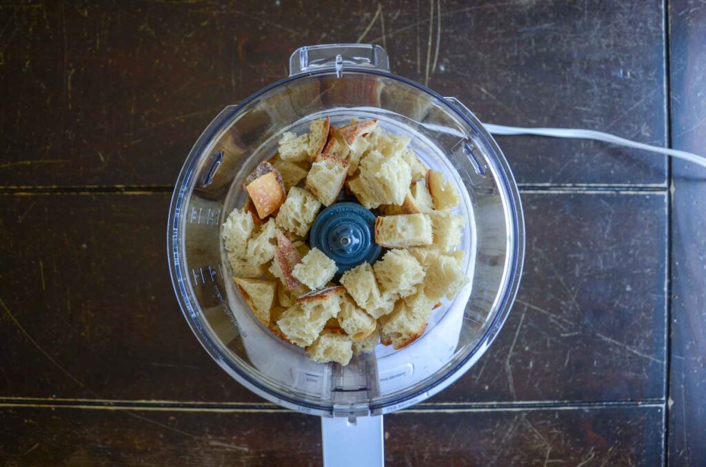 Cubes of sourdough in food processor