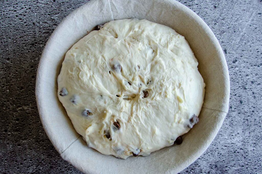 sourdough chocolate chip croissant dough in banneton