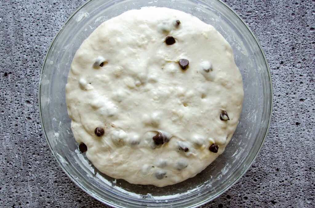 Raised sourdough chocolate chip croissant dough