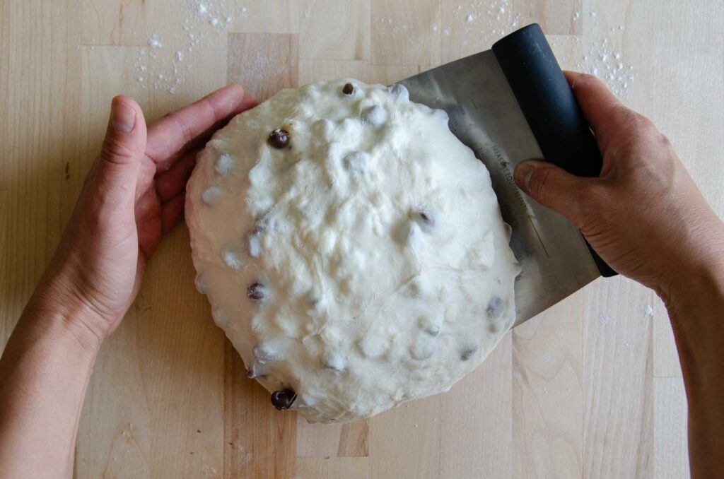 Scraper under sourdough chocolate chip croissant dough